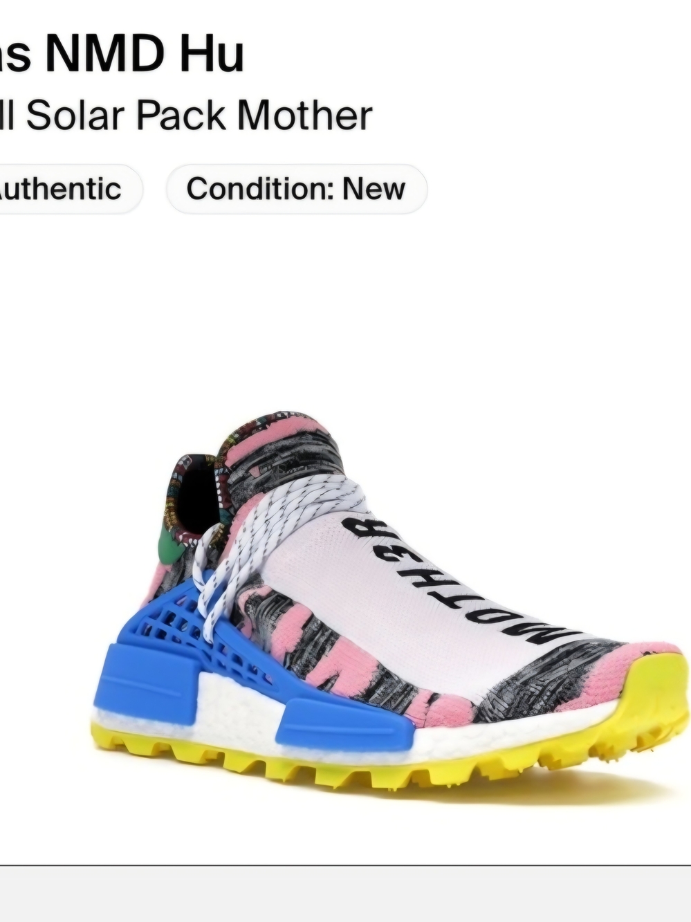 NMD Hu Pharrell Solar Pack Motherland Slip-On Unisex Sneakers. Size 8.5M, 10W